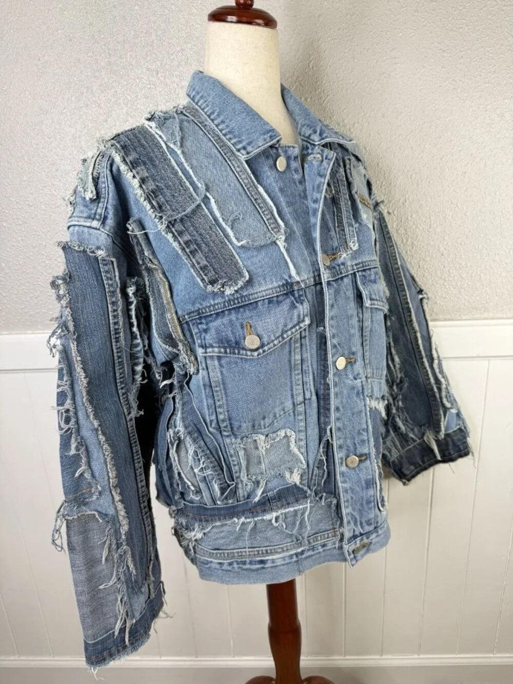 Vtg Reworked Denim Jacket Unique Upcycled Streetwear Jean Blue 90s y2k Sz M/L
